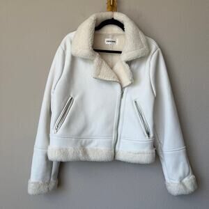 Vigoss White Vegan Leather Sherpa Moto Jacket Size L
